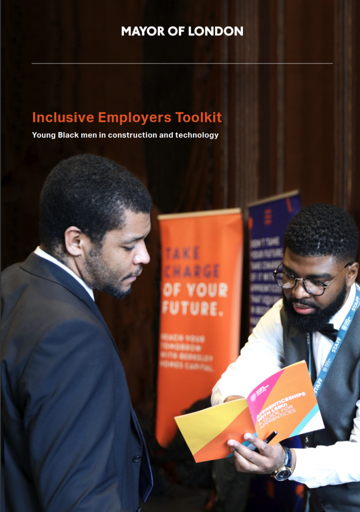 Cover for the Mayor of London's Inclusive Employer's toolkit - featuring two young Black men reading a booklet