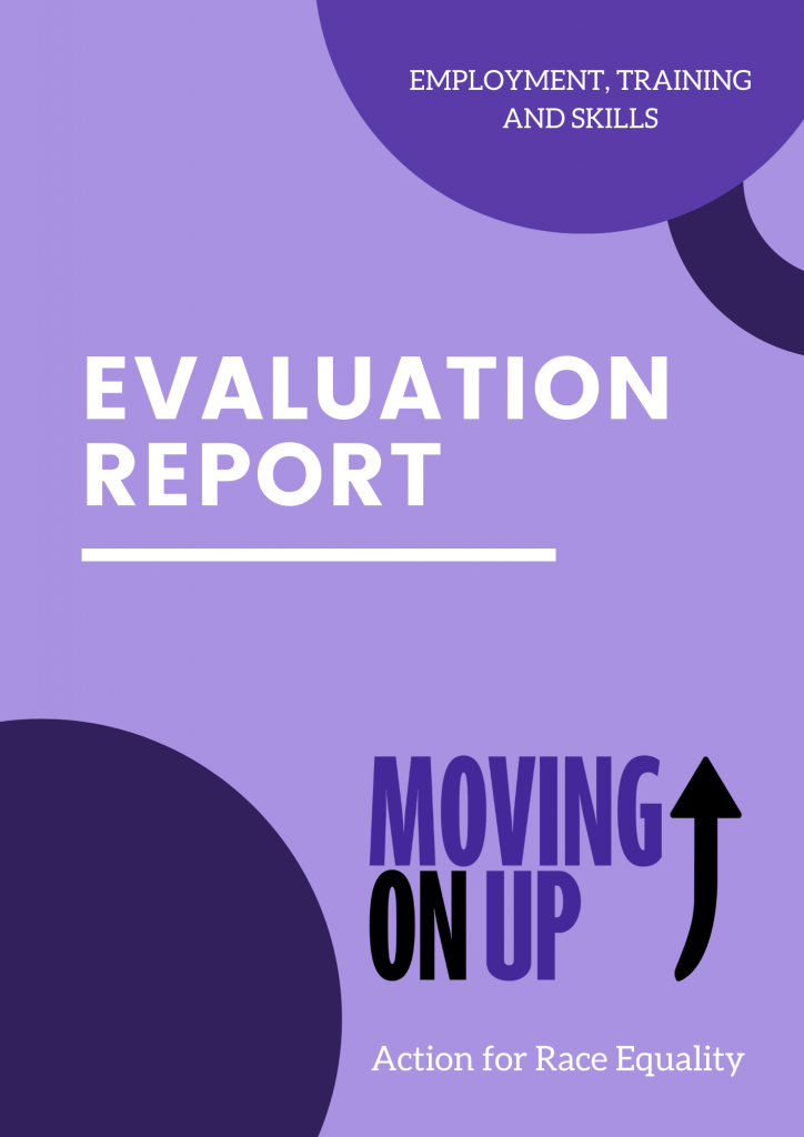 Purple evaluation report cover for Moving on Up. Logo on bottom right.
