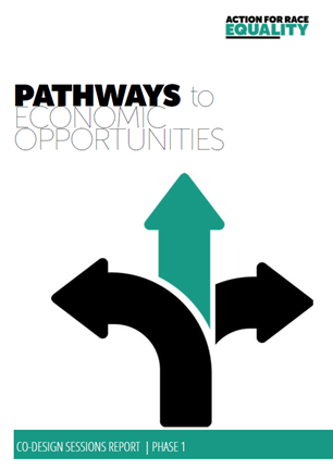 White Pathways to Economic Opportunities report cover, with green and black arrows on the bottom right
